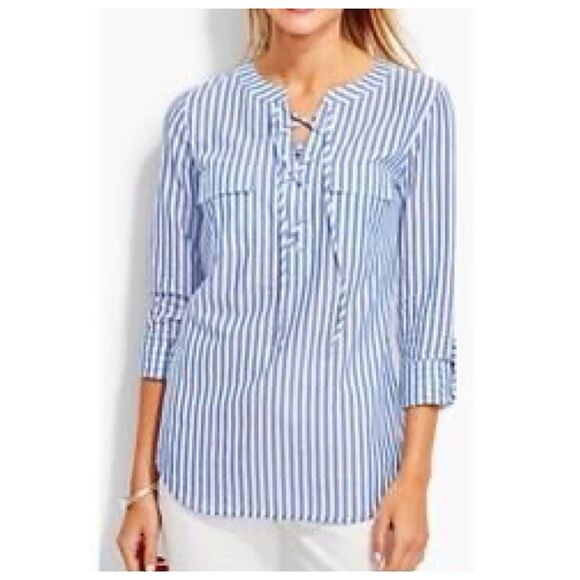 Talbots Striped Lace Up Tunic Shirt Top Womens Sz 1X Long Sleeve Roll Tab - Picture 1 of 9